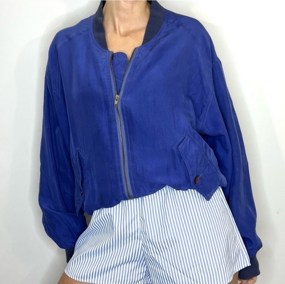 Vintage 100% Silk Royal Blue Bomber Jacket M - Picture 13 of 16